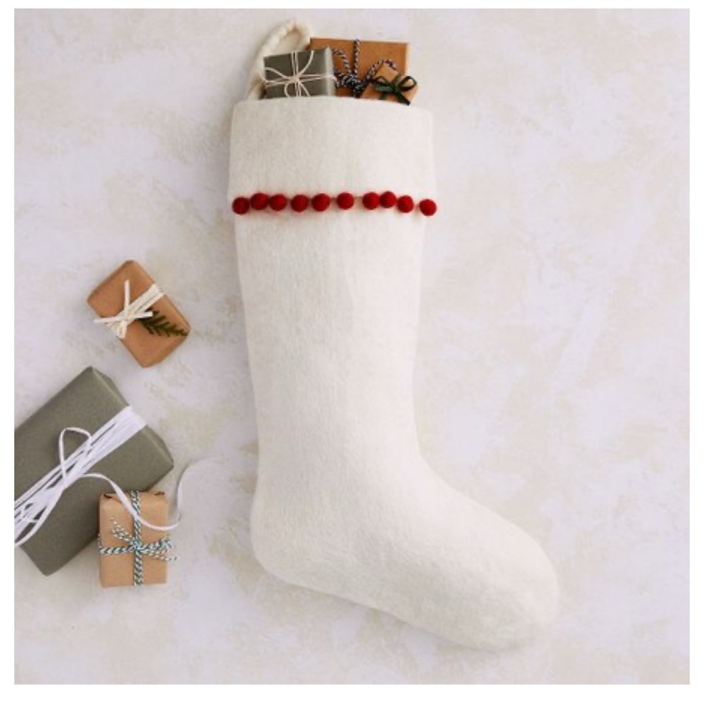 6 West Elm Cream Stockings with Red Pom-Poms